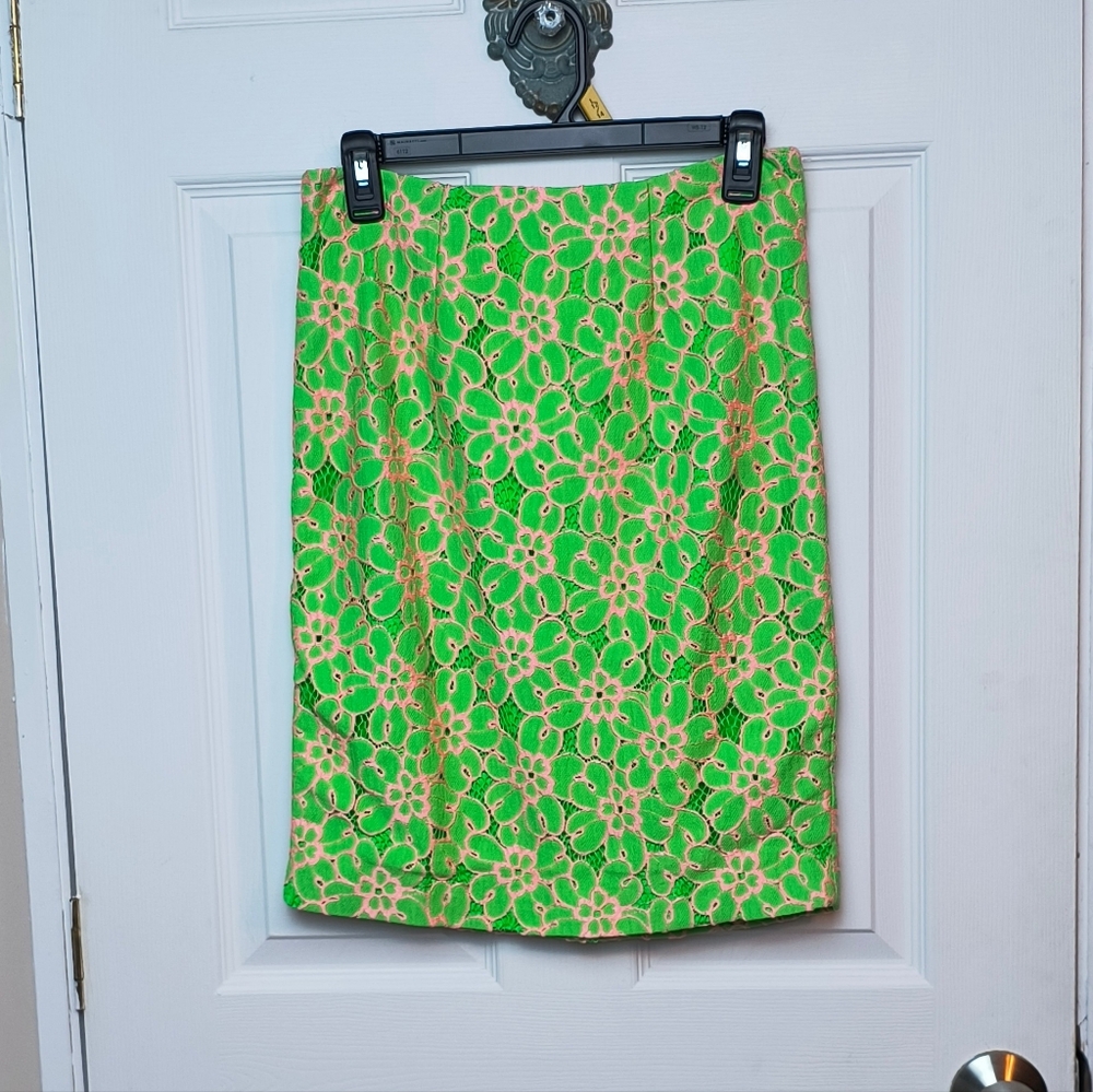 LILLY PULITZER APPLIQUE LACE FLORAL HYACINTH NEW GREEN PENCIL SKIRT  SZ 4